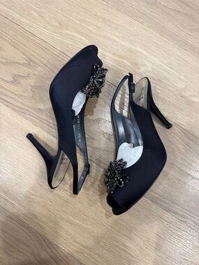 Stuart Weitzman Astrology Black Satin Embellished Peep-Toe Slingback Heels 9.5